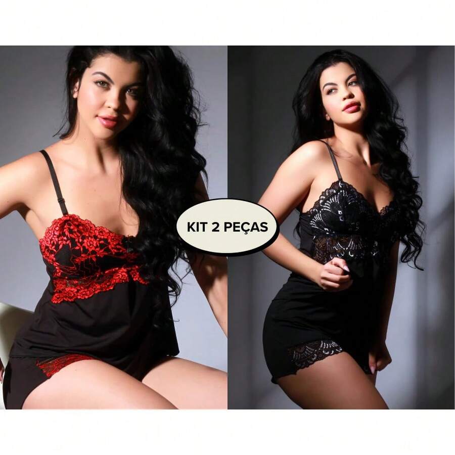 Kit 2 Baby Doll Bicolor Renda Premium Noite Sensual Sexy Presente BD159