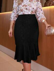 Women's Midi Skirt Fashion Plus Size Chic Casual Style Comfortable Lined Elegant With Buttons - màu đen - Xem 10
