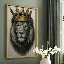 1pc Restickable Framed Lion Of Judah Art Print, Wood Frame, Biblical Inspired Regal Animal Wall Decor With Gold Crown & Scripture Accent, Spiritual Artwork For Living Room, Office, Or Prayer Room, Made In USA, Ready To Hang Art Prints - 金色 - 查看 2