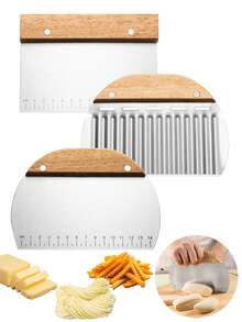 1 件波纹土豆切片机，不锈钢木柄切片机，土豆胡萝卜蔬菜切碎机，带刻度的多功能面团切割刮刀，耐用的波浪切薯片机 - 彩色 - 查看 12