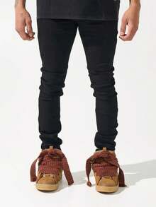 男士修身黑色经典紧身牛仔裤，弹力黑色破洞牛仔裤，黑色无破洞牛仔裤 - 黑色 - 查看 4