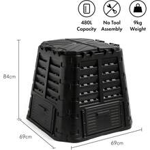 Compost Bin For Garden 480L – Composter With Slatted Design For Aeration, Rainwater Collection, Side Flap & Lid – Outdoor Compost Converter – Frost & UV Resistant - Black - Default - View 7