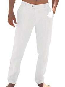 Mens Casual Pants Elastic Waist Cotton Linen Pants Pleated Loose Fit Lightweight Beach Yoga Trousers-20256688 - 白色 - 查看 1