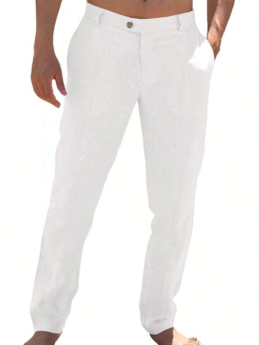 Mens Casual Pants Elastic Waist Cotton Linen Pants Pleated Loose Fit Lightweight Beach Yoga Trousers-20256688 - 白色 - 查看 1