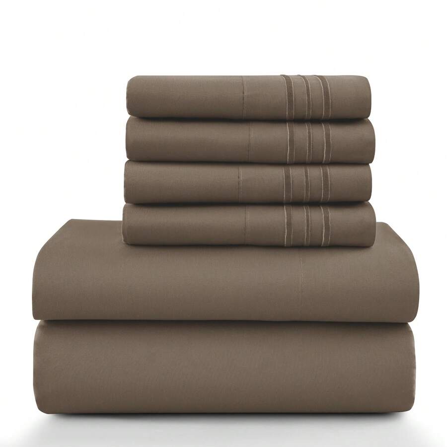 LUX DECOR 6-Piece Embroidered Bed Sheet Set – Brushed Microfiber, Deep Pocket, Lightweight & Breathable – Graduation Gifts, Home Decor, Sleep Protection For Dorms, Student Beds, Back‑To‑School Gift, Soft Bed Linens, Comfortable Sleep, Luxury Bed Set, Valentine's Day Bedroom, Spring Bedding Refresh, Guest Room Essentials, Dorm Room Bedding, Premium Bed Linens, Easy Care Sheets, Hypoallergenic Fabric, Year-Round Comfort, Master Bedroom Update, Matching Bedding Set, Hotel Quality Linens - Màu nâu Sô-cô-la - Xem 1