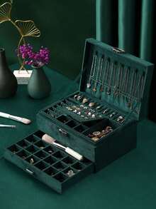 Neue Luxus Schmuckaufbewahrungsbox, elegante dunkelgrüne Farbe, hochwertige, filigrane Gestaltung für Halsketten, Ohrringe, Armbänder, große Kapazität Mehrebenen-Aufbewahrung, Valentinstag, Sonne, Reise, coole, Studentenwohnheim Aufbewahrung