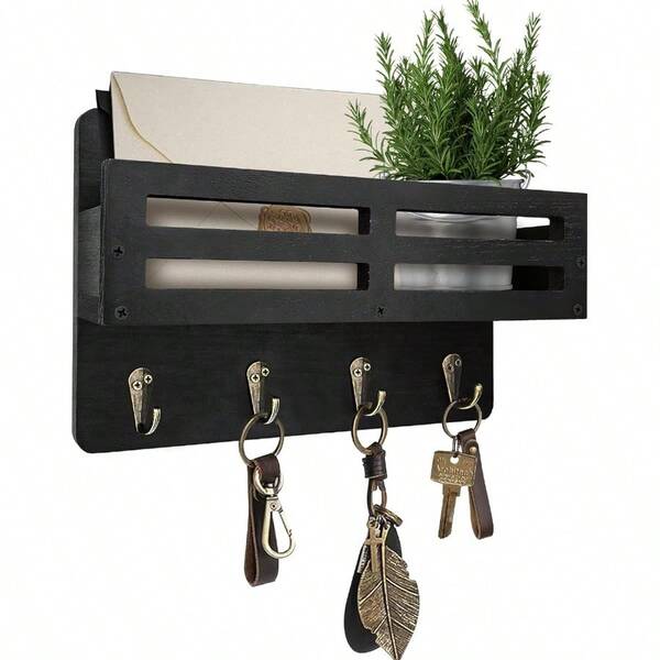 New Arrival Key Holder Wall Mount 10 Inch Decorative Key And Mail Holder For Wall With Mail Organizer And 4 Key Hooks Rustic Wooden Key Rack For Hanging Dog Leash Sunglasses Entryway Key Hanger Black