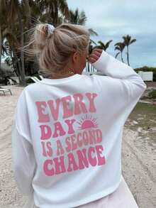 2025 Women's New Slogan Print Casual Loose Crew Neck Long Sleeve T-Shirt For Autumn/Winter, Elevate Your Wardrobe With Our Fashionable Ladies Long Sleeve Tees: These Tops Are Perfect For Layering, Casual Wear Or Expressing Your Style, Suitable For Various Occasions, Combining Comfort And FashionabilityLoose And Comfortable - 白色 - 查看 6