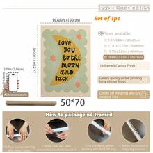 1/3 buc, Tablou de perete pe pânză, Decor de perete înrămat, Decor pentru camera copiilor, Te iubesc până la lună și înapoi, Decor de perete roz, verde, albastru, Cadou pentru bebeluși, Decor pentru creșă, Decor pentru preșcolari, Cadou de ziua de naștere, Decor de sărbători pentru copii