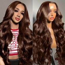 34 Inch 200% Density 13x4 Lace Front Wigs Human Hair Chocolate Brown 4# Body Wave Wig Glueless Body Wave Wigs Human Hair Natural Look 13x4 HD Transparent Lace Frontal Wigs For Women Pre Plucked With Baby Hair Natural Hairline Blended Synthetic Cosplay Wigs Suitable For Halloween Or Parties - 棕色 - 查看 5