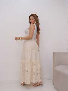 Long Skirt - Embroidered With Elastic Lining At The Waist - Cream - View 4