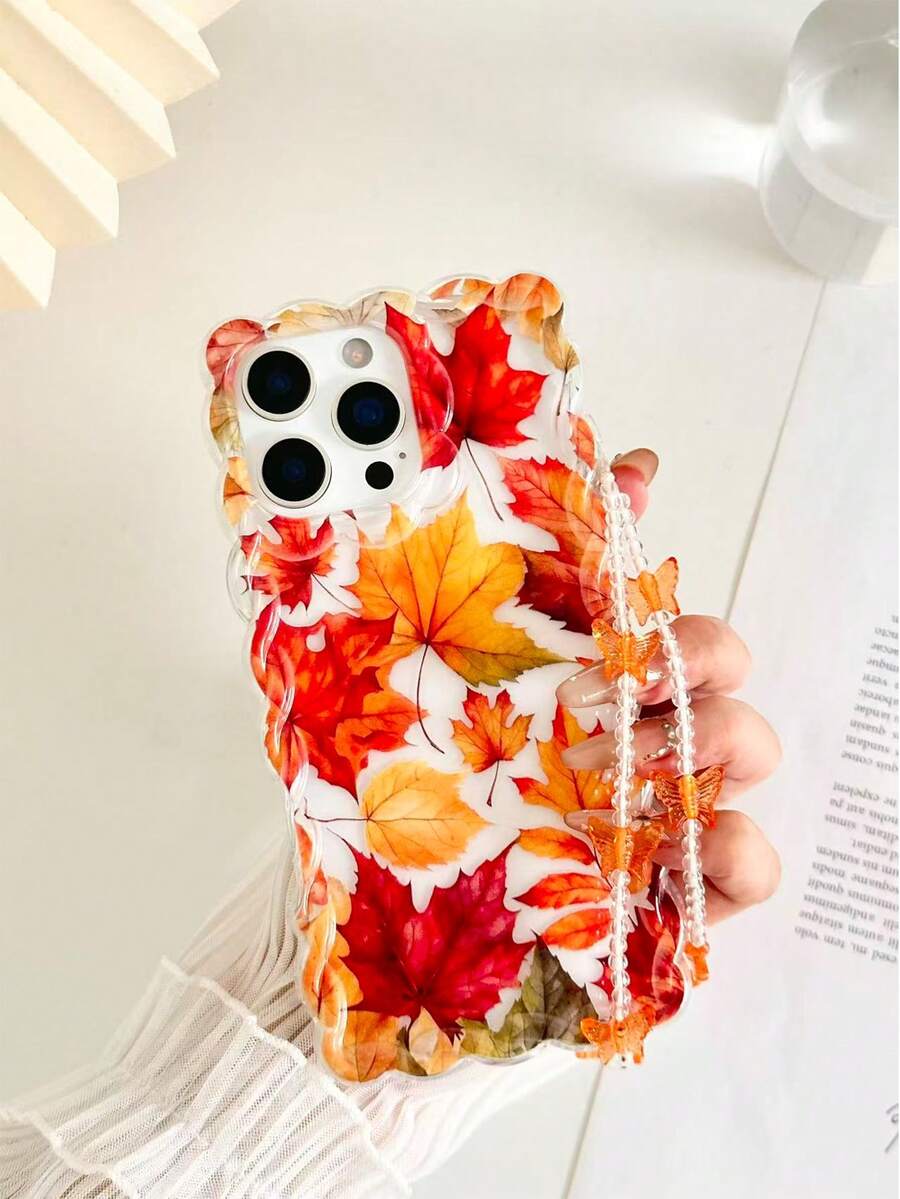 枫叶波浪边极简高端 TPU 彩绘防震手机壳,配手工串珠手链配件,适用于 17pro/17Air /17/17promax16/11/16pro/16plus/16promax/16e/15Promax/13/14/12/XS/XR/7G/8P、XR /7/8、 15 Promax、 13、 14、 11、软保护壳,枫叶波浪边 TPU 彩绘防震软手机壳,兼容 12/14 - 彩色 - 查看 1