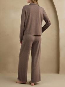 Anewsta Leisure Lapel Collar Button Front PJ Set Holiday Season, Winter Clothes - Coffee Brown - View 3