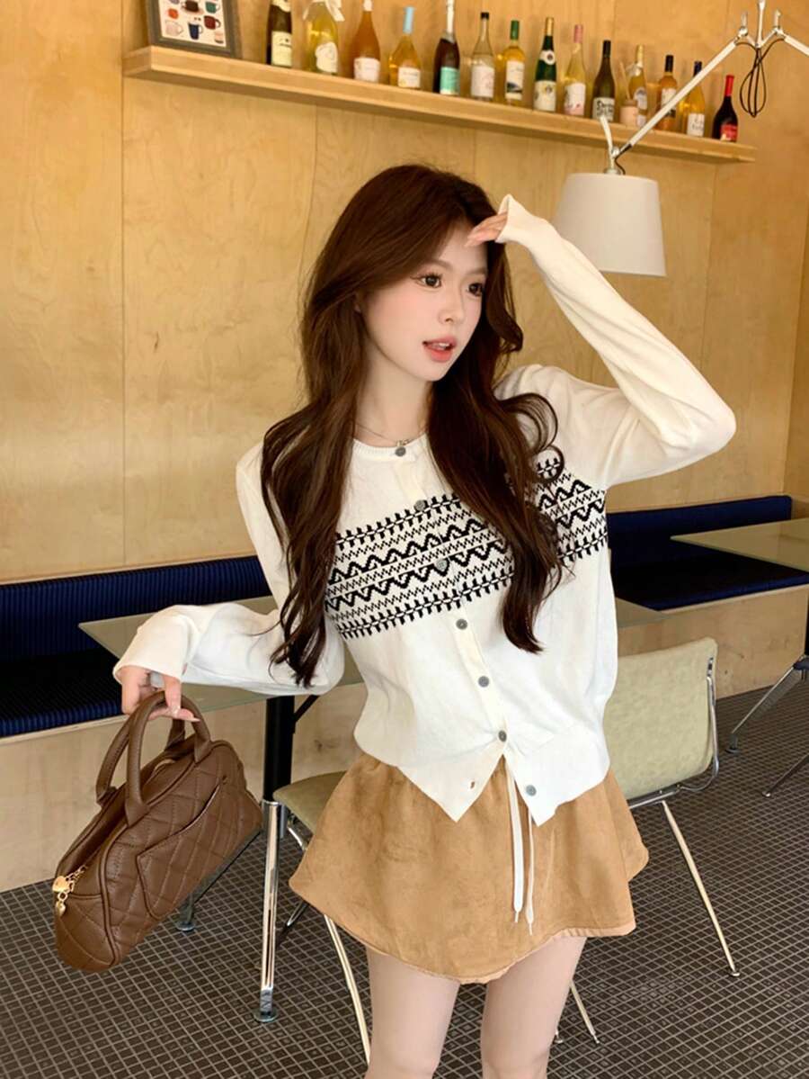 Áo khoác cardigan dệt kim Jacquard phong cách Hàn Quốc mới mùa thu, áo khoác nhẹ đa năng rộng rãi - Màu be - Xem 1