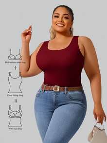 1pc Brushed Camisole With Built-In Coaster, Ribbed Yoga Thermal Vest, Suitable For New Year/Valentine's Day, Winter, Wine Red, No Bra Required