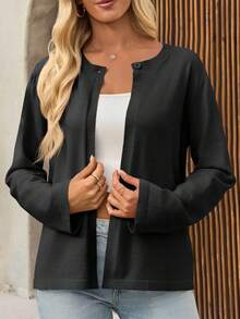 Women Lightweight Knit Cardigan Long Sleeve Open Front Casual Sweater Shrug For Spring Fall - 黑色 - 查看 3