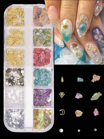 1 Box Of 3D Summer Nail Accessories, 12-Layered Moon, Pearl, Conch Shell Gold Foil Nail Glitter, 3D Nail Stickers, Summer Metal Nail Art Accessories, Ocean-Themed Design, Women's Nail Supplies, Nail Decorations.