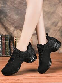女士舞蹈鞋，透气网眼休闲鞋，软底健身瑜伽舞蹈鞋，适合所有季节 - 黑色 - 查看 12