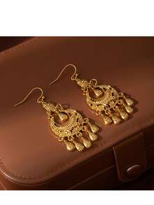 1 对复古金色花朵流苏耳环，奢华夸张个性女士耳环，适合汉服和古装 - 金黃色 - 查看 4