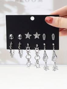 6 Pairs Gothic Cross, Sunflower, Pentagram, Crescent Moon, Raven, Pentagram, Skull Fashionable Earring Set