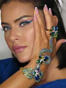 1pc Silver & Diamond Rhinestone Snake Finger Chain Bracelet, Fashion Party Jewelry - Silver - View 6