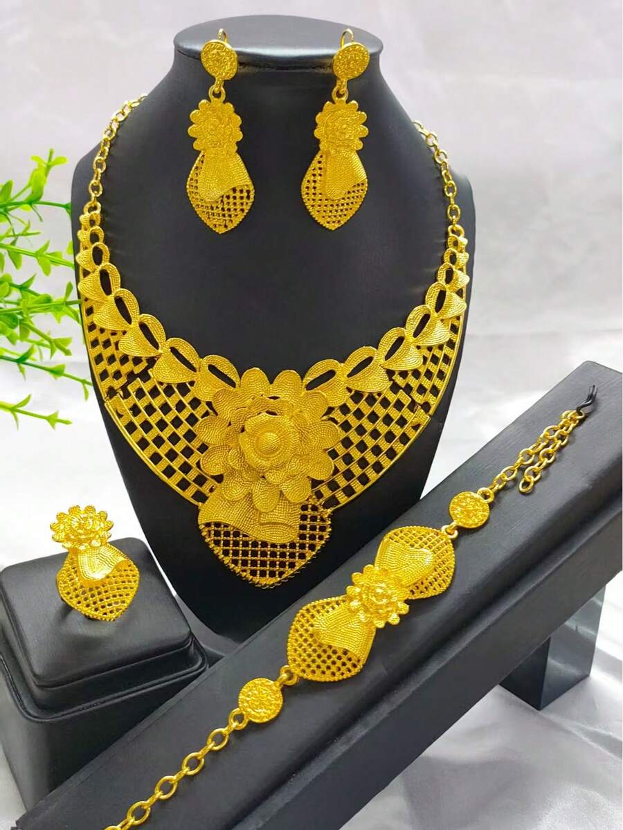 4pcs Women's Gold-Plated Hollow Flower Necklace, Earrings, Bracelet, Ring Jewelry Set, Suitable For European, Middle Eastern, Dubai, African Bride, Wedding, Party, Date, Prom, Mother's Day, Birthday, Halloween, Holiday Gift
