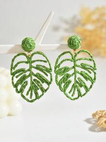 1对夏季甜美多巴胺彩色叶子耳环，手工镂空百搭耳环，独特个性化度假风彩色手工编织藤叶耳环，适合女性日常、派对、度假佩戴（手工制作，可能偶尔有胶水残留，编织方法随机） - 綠色 - 查看 6