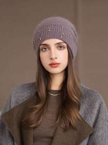 1pc Women's Rabbit Fur Knit Rhinestone Beanie Hat, Autumn/Winter Warm Thick Windproof Ski Cap, Fashionable & Versatile