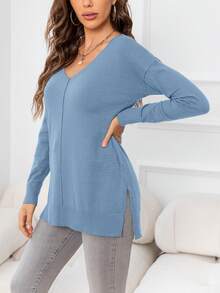DEARCASE Women's Casual Solid Color V-Neck Drop Shoulder Split Hem Sweater - Dusty Blue - View 5