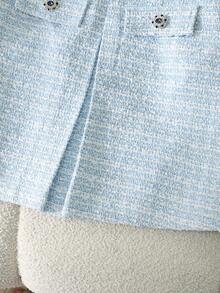 2 件套粗花呢短款夹克和迷你裙，仿口袋正面纽扣开合，优雅 - 淺藍色 - 查看 7