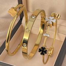 18K Gold Plated Stainless Steel Four-Leaf Clover Bracelet, Suitable For Women's Party, Daily Wear, European & American Style, Personalized, Luxury Cubic Zirconia Bangle, Wedding Jewelry Set, Gift For Girls, Women, Relatives, Friends, Beautiful Wedding, Birthday, Valentine's Day