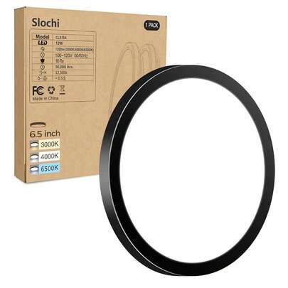 1PACK LED Flush Mount Ceiling Light Fixture, 3000K-4000K-6500K & 100W Equivalent Modern Kitchen Ceiling Lamp 12W 1200Lm 6.5 Inch Closet Round Surface For Bathroom Laundry Bedroom Hallway, Black