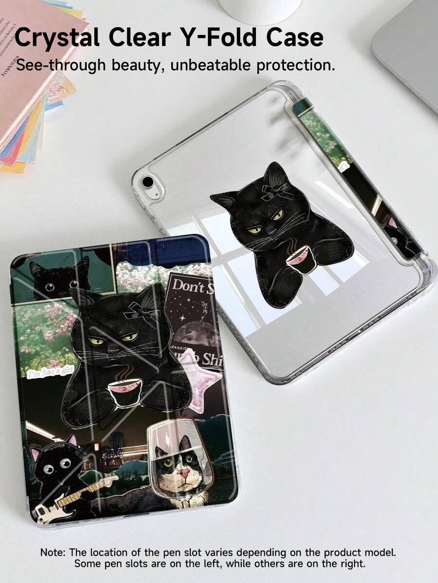 1pc Cool Coffee Cat Dual-Sided Acrylic Transparent Crystal Backboard Shockproof Sleep/Wake Tablet Case Compatible With IPad (A16) 11th Gen 11-Inch 2025 Case, IPad 9th/ 8th/ 7th Generation 10.2 Inch Case, 3+Y Fold Anti-Bend, Built-In Pencil Slot, Perfect Daily Protection