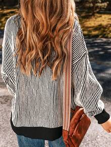 Acelitt Áo len chui đầu dài tay dáng rộng màu tương phản sọc thời trang - màu đen - Xem 2