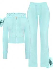 Women's Contrasting Color Waistband Splicing Micro Flared Knitted Sweatshirt, Slim Fit And Fitness Pants, Casual Pants, Sports And Leisure Set, Two-Piece Set - 藍色 - 查看 2