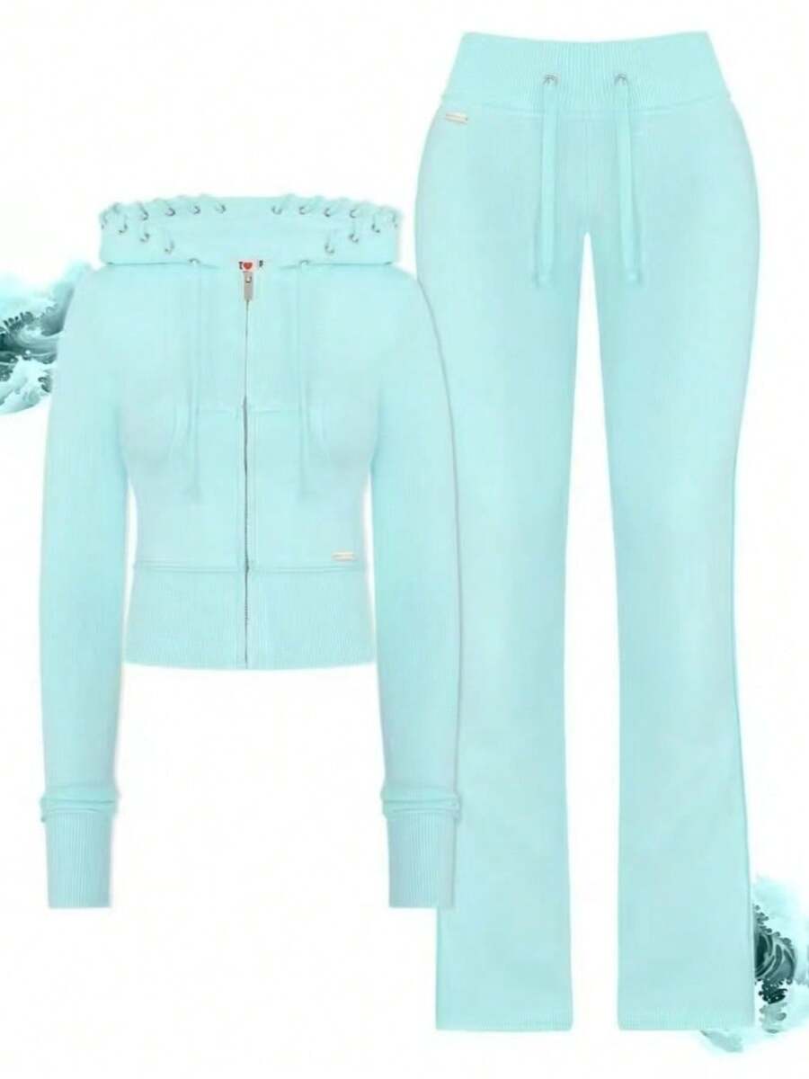 Women's Contrasting Color Waistband Splicing Micro Flared Knitted Sweatshirt, Slim Fit And Fitness Pants, Casual Pants, Sports And Leisure Set, Two-Piece Set - 藍色 - 查看 1