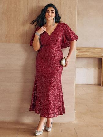 Simplee Plus Size Women's Elegant Long Sequin Cloak Sleeve Mermaid Hem Dress, Suitable For Christmas, Wedding Guest, New Year Party