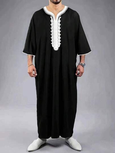 New Arrival Black Loose Casual Muslim 3/4 Sleeve Men Long Robe, Middle Eastern Style Leisure Robe
