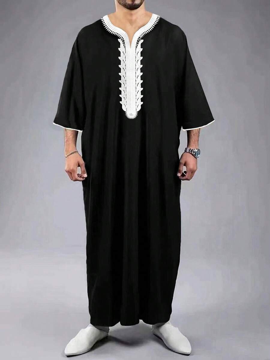 New Arrival Black Loose Casual Muslim 3/4 Sleeve Men Long Robe, Middle Eastern Style Leisure Robe - Black - View 1