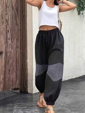 Pantalon long d'elfe pour femmes, avec cordon de serrage et ourlet élastique, en tissu de polyester, design patchwork unique, pantalon de sport décontracté