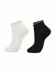 1双/5双/6双装 女士仿珍珠刺绣短袜，春夏隐形袜，柔软舒适，黑白休闲蓬松袜，适合日常穿着，居家、办公、学校、运动等场合，舒适保暖 - 白色 - 查看 9