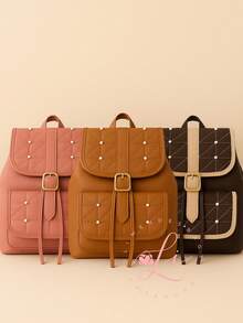 Women's Leather Backpack For Notebook With Adjustable Strap And Pearl Details - màu đen - Xem 3