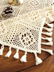 1 件复古钩针流苏桌布，简约设计桌垫，农舍蕾丝餐桌装饰，圆形/方形桌面盖，适用于厨房、梳妆台、婚礼派对 - 米色 - 查看 14