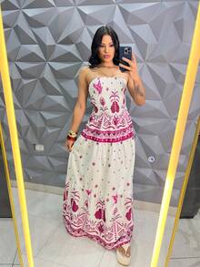 July Tropical Strapless Dress In Various Prints, 2025 Collection - Rosa - Ver 1