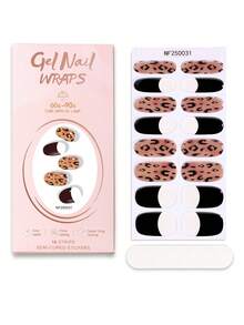 16 Spitzen halb-gehärtete Gel Nagel Wraps (Mehrfarbig) Retro personalisierter Leoparden-Muster einfache französische schwarze Kante Nail Art Aufkleber, selbstklebende Full-Wrap Nail Art, muss mit UV-Lampe verwendet werden, einfach anzuwenden und zu entfernen, geeignet für Frauen und Mädchen für tägliches Einkaufen, Party, DIY Nail Art Verwendung