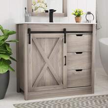 24/36/47 Inch Bathroom Vanity With Sink & Faucet & Mirror, Farmhouse Bathroom Vanity Cabinet Set With Sliding Barn Door & Drawers, Small Single Bath Storage Vanity Sink - 灰色 - 查看 8