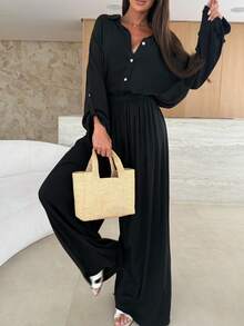 女士纯色休闲前扣宽松衬衫和裤子两件套 黑色 春季 - 黑色 - 查看 3