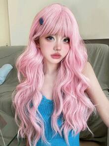 alicegarden 1 Synthetic Heat-Resistant Wig With Bangs, Pink Long Rolled Wig, 28 Feet Long, Made Of Fiber, Suitable For Daily Use, Natural Simulation Wig