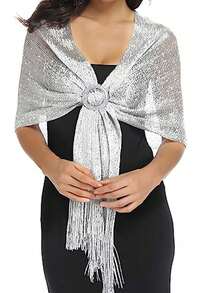 1條閃亮銀色絲綢扁平圍巾,配有扣環, 適合用於新娘禮服、晚禮服、畢業舞會、晚宴、聚會等場合