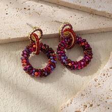 1 Pair Handmade Seed Bead, Rhinestone & Crystal Hoop Earrings, Unique Floral Pattern & Color Variations - Red Violet - View 11